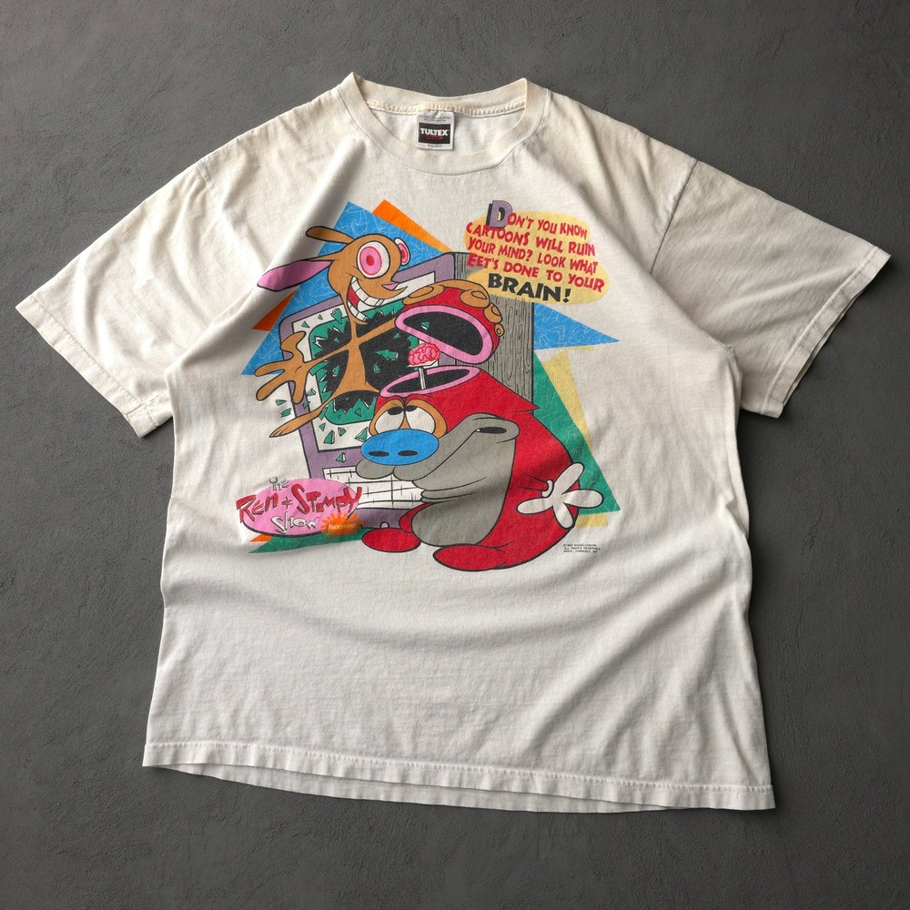 Vintage 1990s Tultex White Ren & Stimpy T-shirt XL Nickelodeon Cartoon